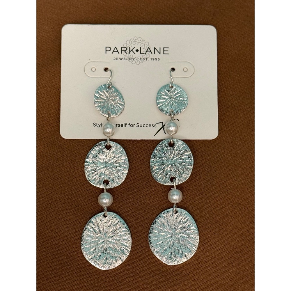 Park Lane Maren Silver Drop Earrings Textured Tiered Discs Faux Pearl Accents